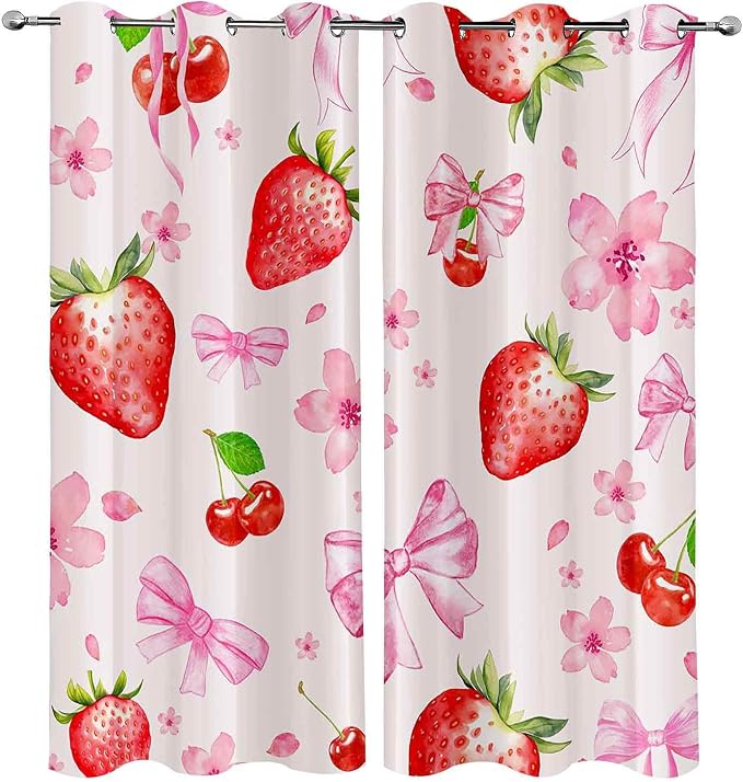 LUVIVIHOME Cute Floral Strawberry Blackout Curtains, Pink Bow Curtains for Girls Bedroom Living Room, Aesthetic Bowknot Girly Preppy Coquette Room Decor, Grommet Window Drapes 2 Panel Sets, 42x63 Inch