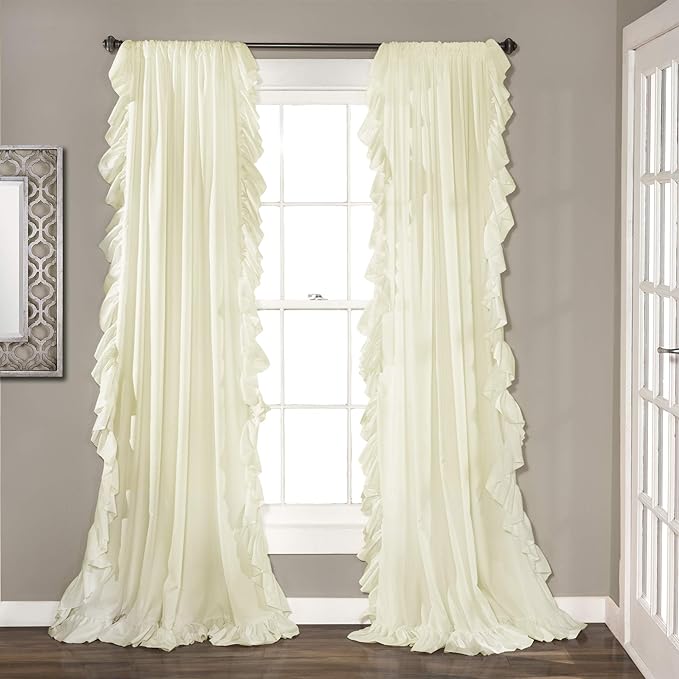 Lush Decor Reyna Ruffle Window Curtain Panel Set, Pair, 54" W x 108" L, Ivory - Flowy Curtain Set - Romantic Ruffle Curtains for Bedroom, Living room, or Dining Room - Farmhouse & Cottage Home Decor