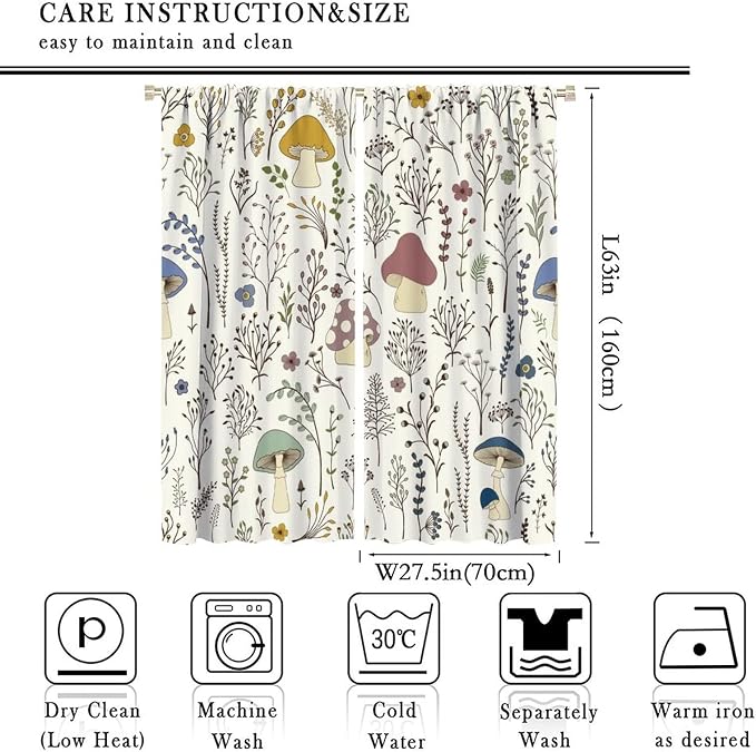 Mushroom Curtains,Colorful Plant Forest Botanical Print Window Treatments for Bedroom Living Room Kitchen Cartoon Herbs Floral Window Drapes 2 Panels Set,Total Size 55 x 63 Inch