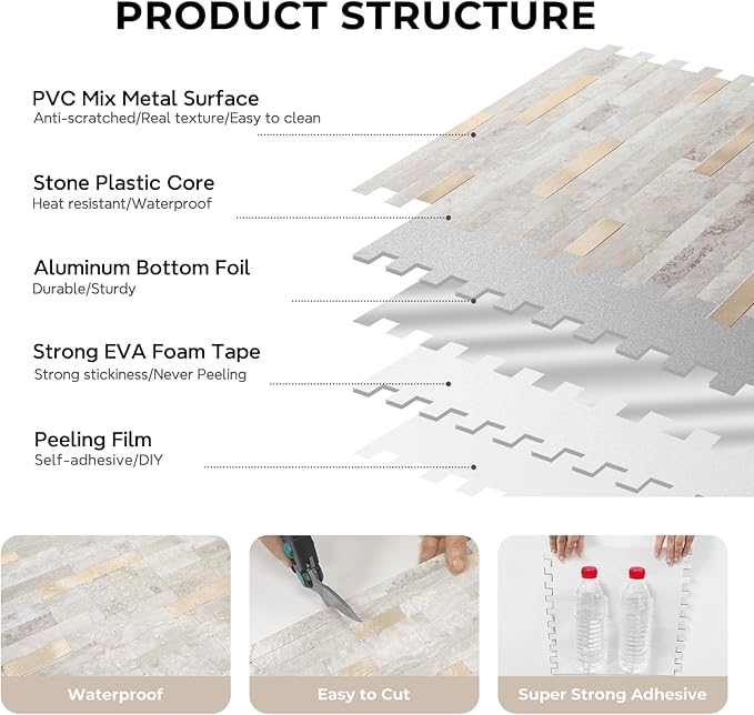 STICKGOO Peel and Stick Backsplash, PVC Wall Tiles Stick on Backsplash for Kitchen(1 Sheet, Beige with Metal Gold)