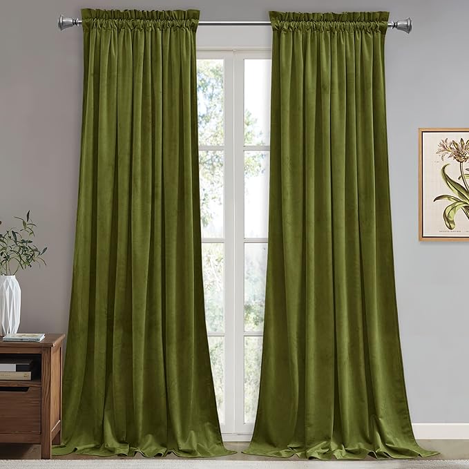 StangH Olive Green Christmas Curtains Elegant Velvet Room Darkening Curtains for Office, Heavy Soft Drapes for Dining Room, Earthy Tone Home Decor, W52 x L94, 2 Panels