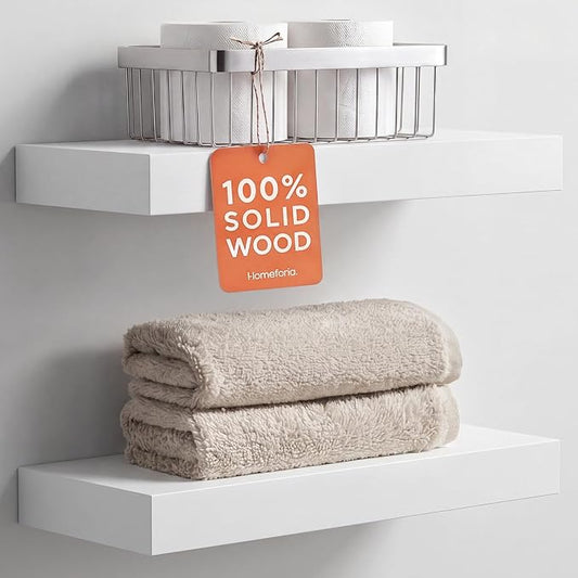 Homeforia White Floating Shelves 16 inch, High End Solid Real Wood 16inch Bathroom Floating Shelf for Wall Mounted, White Wooden 16 Floating Shelves, Heavy Duty Bracket, 16 X 6.5 X 1.75 inch, Set of 4