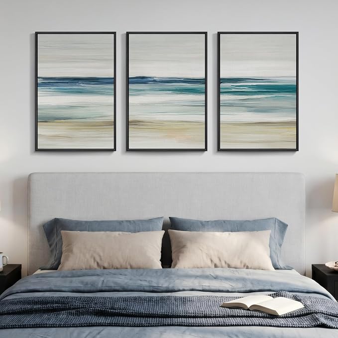 Framed Abstract Coastal Wall Art Bedroom, 3 Piece Blue Beach Landscape Canvas Artwork for Walls, Minimalist Ocean Seascape Painting Prints for Dining Room Living Room Bathroom Wall Decor, 16x24 Inch