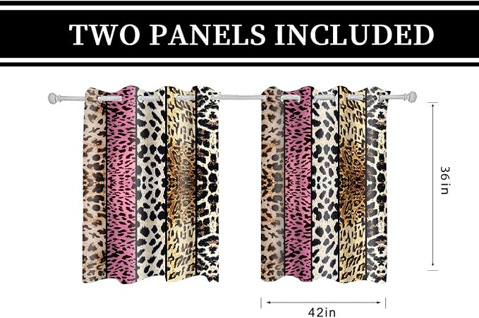 Wild Animal Print Curtain, Room Darkening Thermal Insulated Blackout Leopard Boa Window Drapes with Grommets for Living, Dining, Bedroom, Pink Leopard Print, 42"x 36", 2 Panels
