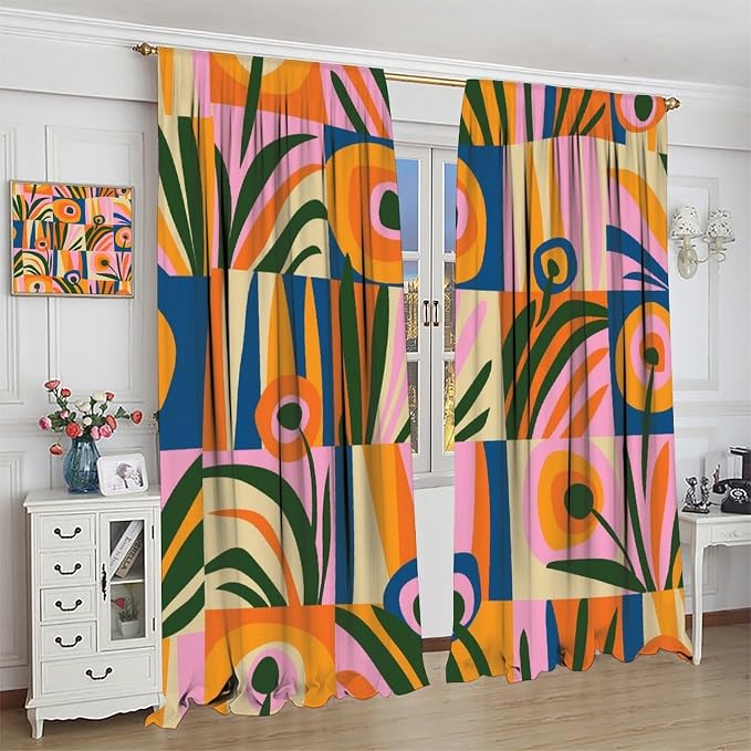 JESTRONRY Mid Century Boho Curtains, Modern Abstract Cute Retro Floral Vintage Checkered Flower Print Blackout Window Door Curtains for Bedroom Living Room Home Decor 63x72in