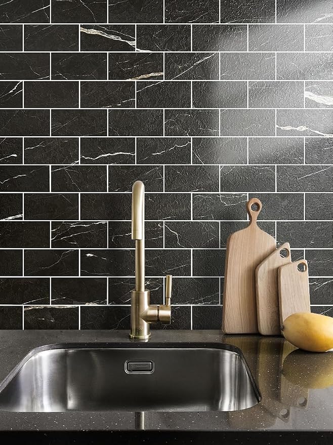 AULIGET 100 Piece Faux Stone Backsplash Peel and Stick PVC Tile, 3 Inch x 6 Inch Black Marble with White Grout Stick on Tiles for Backsplash Kitchen, Bathroom, Laundry Room, Camper, Fireplace