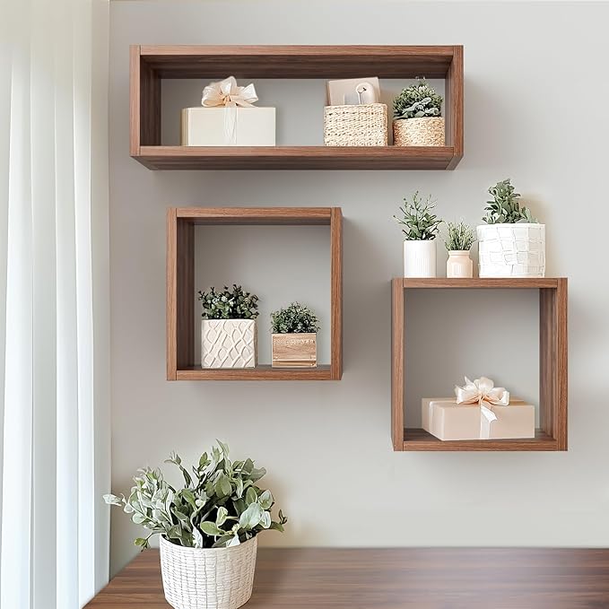 Kaboon 24in Floating Cube Shelves Set of 2, Display Shelves Wall Mount, Decorative Hanging Shelves for Kitchen Living Room Office,(Dark Walnut, Rectangle 2 Cubes)