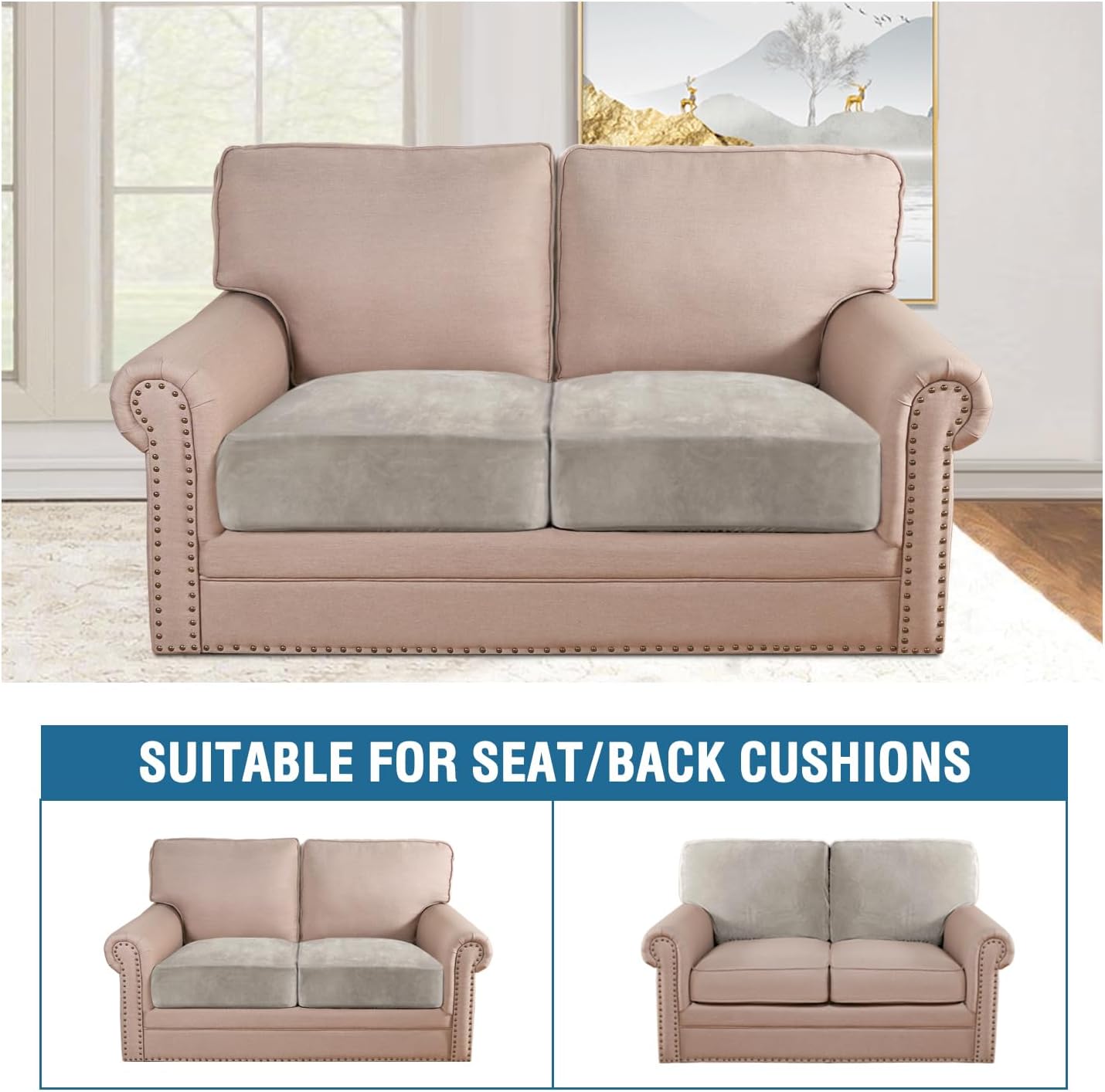 H.VERSAILTEX Velvet Stretch Couch Cushion Cover Plush Cushion Slipcover for Loveseat Cushion Furniture Protector Seat Cushion Sofa Cover (2 Piece Medium Sofa Cushion Covers, Oatmeal)