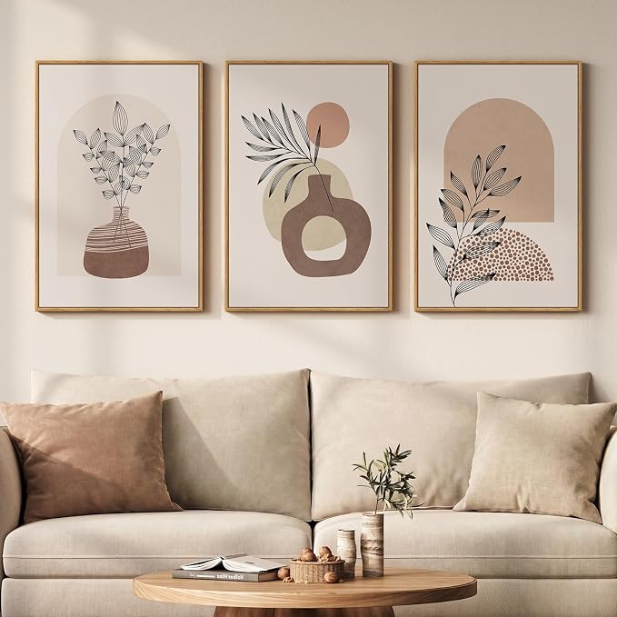 Framed Neutral Boho Wall Art Bedroom, 3 Piece Abstract Bohemian Brown Botanical Vase Canvas Artwork for Walls, Large Earth Tone Boho Pictures for Living Room Home Office Hallway Wall Decor, 16x24 Inch