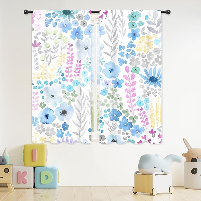Riyidecor Blue Grey Floral Curtains Cute Boho Wildflower Trendy Watercolor Plant Leaves Botanical Rod Pocket Modern Elegant Aesthetic Kids Bedroom Living Room Treatment Fabric 2 Panels 42Wx63H Inch