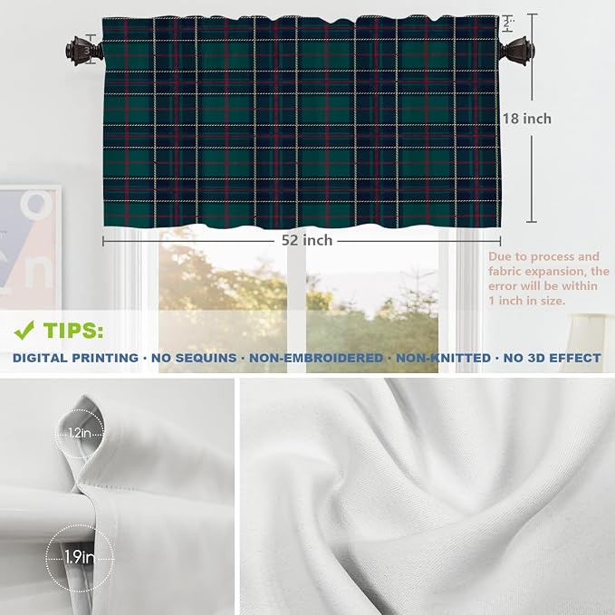 Shrahala Tartan Plaid Kitchen Valances, Green Scottish Fabric Kilt Twill Woven Half Window Curtain Window Treatment Multilayer Polyester Blackout for Living Room Bathroom 2 Pack 52 x 18 in
