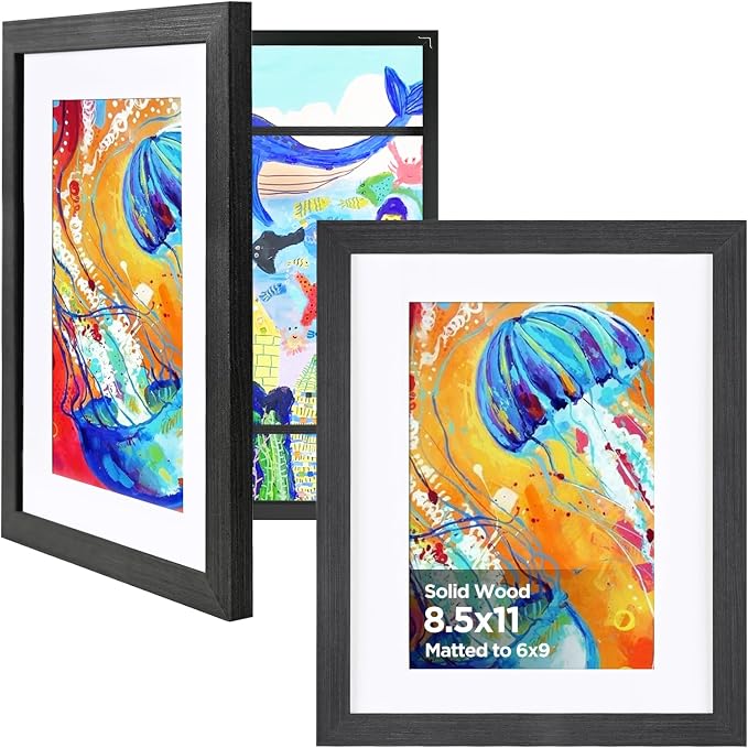 KINLINK 8.5x11 Kids Art Frame 2 Pack, Solid Wood Artwork Frames Changeable, Front Opening Hold 150 Pictures, Art Frames for Kids Artwork, 6x9 with Mat 8.5x11 without Mat, Picture Frames Black Wood