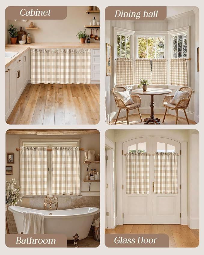 Miss Adola Farmhouse Kitchen Tier Curtains - 36 Inch Length Linen Blend Cafe Curtains Yellow Plaid Small Window Treatments Over Sink Rod Pocket for Bathroom Living Room Light Filtering, 2 Panels