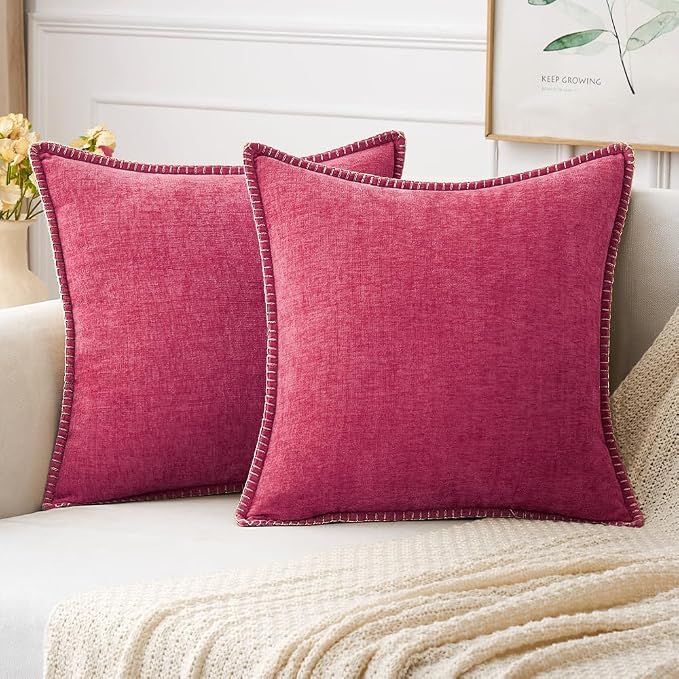 MIULEE Pack of 2 Summer Throw Pillow Covers 18x18 Inch Hot Pink Farmhouse Decorative Pillow Covers with Stitched Edge Soft Chenille Solid Dyed Pillow Covers for Couch Sofa Bed Living Room