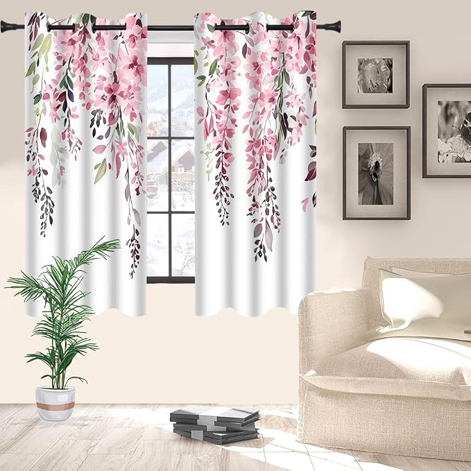 Pink Watercolor Floral Curtains, 42x63 inch, 2 Panels | Botanical Leaves Vine Flowers, Rustic Farmhouse, Blackout Window Treatment Drapes, For Bedroom Living Room