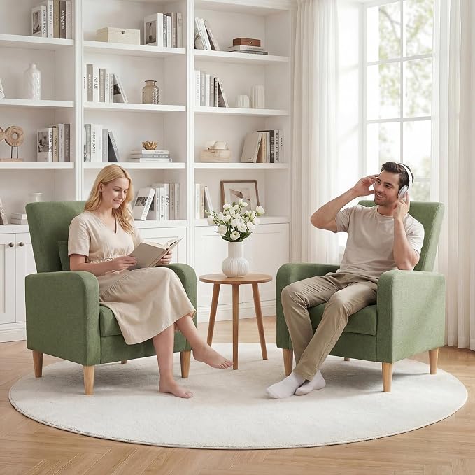COLAMY Mid-Century Modern Accent Chairs Set of 2, Fabric Upholstered Living Room Chairs with Back Pillow & Solid Wood Legs, Comfy Armchair for Living Room, Bedroom, Single Sofa, Green