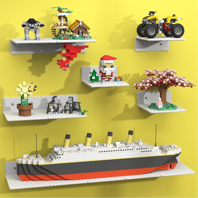 BlissBox 12-Pack Floating Shelves for Wall Compatible with Lego Building Bricks, 5x5.5inch Dual‑Sided 16x17 Studs for Toy Brick Storage and Display, ABS Display Shelves for Room Decor, White