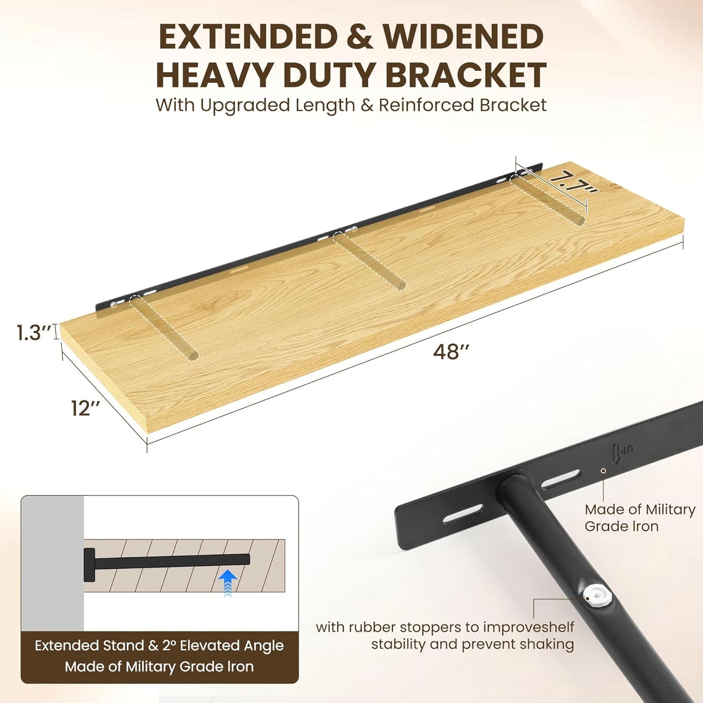 48" Floating Shelves for Wall, 12" Deep Slim Oak Floating Shelves, Wall-Mounted Shelves for Bedroom, Living Room, Kitchen, Bathroom - Set of 2