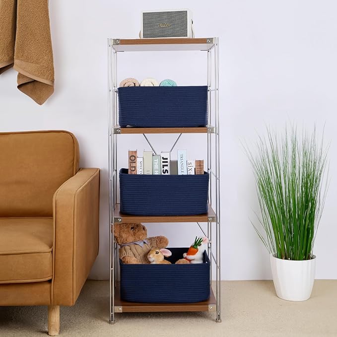 MiniArk Large Storage Baskets for Organizing, Closet Shelf Baskets for Clothes Blanket Towels, Baby Nursery, Toy Bins Box, Woven Rope Baskets, 17 x 13 x 7.5”, 4 Packs Navy Blue