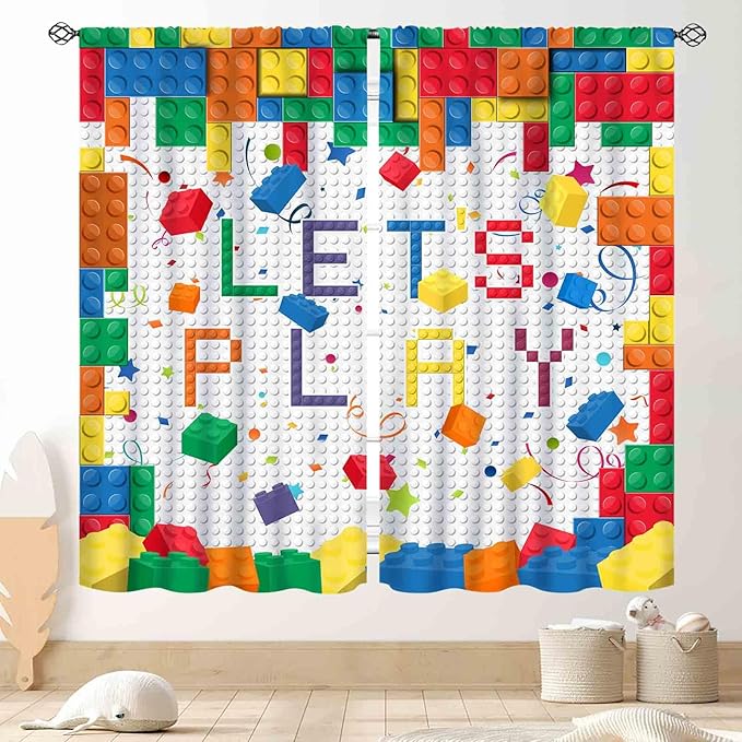 Building Blocks Curtains for Boys Room, Abstract Colorful Plastic Building Brick Blocks Geometric Printed Pattern Window Treatment Drapes for Kids Baby Bedroom Living Room, 42"x63" Inch