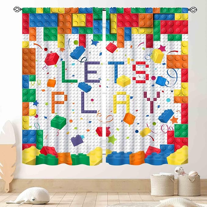 Building Blocks Curtains for Boys Room, Abstract Colorful Plastic Building Brick Blocks Geometric Printed Pattern Window Treatment Drapes for Kids Baby Bedroom Living Room, 42"x54" Inch
