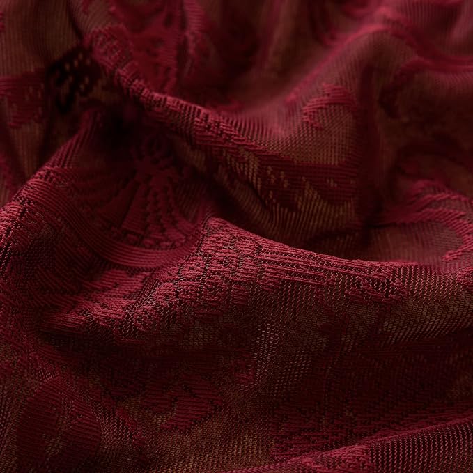 TUDECO Burgundy Lace Curtains 63 Inch Length - Victorian Kintted Sheer Floral Bird Ruffle Curtains for Bedroom, Boho Privacy Dark Red Solid Color Light Filtering Rod Pocket Maroon Decor, 59 x 63 Inch