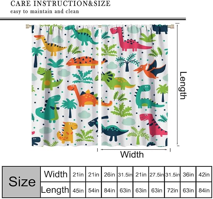 YCness Tropical Dinosaur Curtains for Boys Girls Children Nursery Playroom Room Decor Cute Colorful Cartoon Dino Art Printed Window Drapes Decor Fabric Set 2 Panel 42x63 Inch 80% Shading Rate