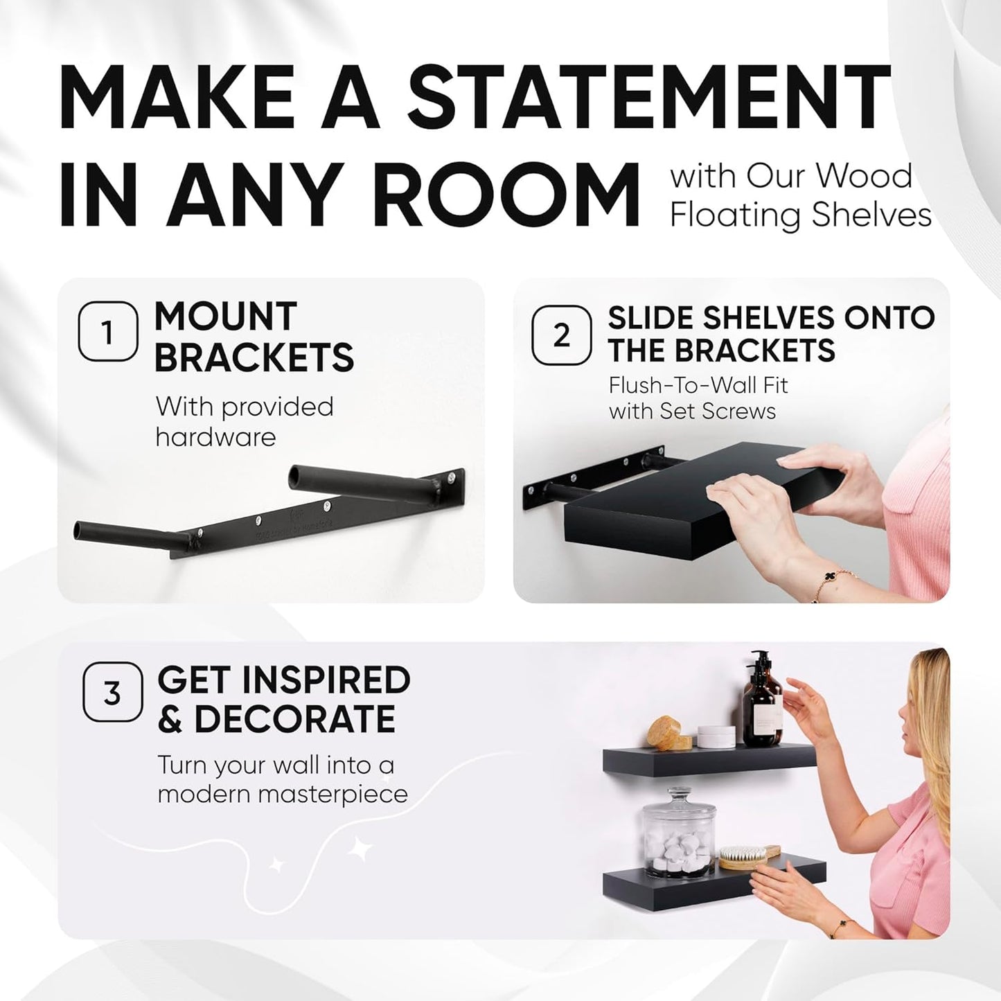 Homeforia Black Floating Shelves 24 inch, High End Solid Real Wood 24inch Bathroom Floating Shelf for Wall Mounted, Black Wooden 24in Floating Shelves, Heavy Duty Bracket, 24 X 6.5 X 1.75 in, Set of 4