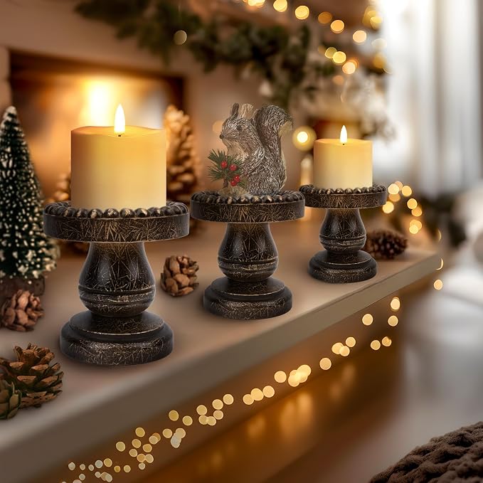 Small Candle Holder for Pillar Candle Set of 3, Farmhouse Wood Candle Holder, Rustic Wooden Candle Stand, Vintage Candle Stand Decorative for Living Room, Table Centerpiece, Black Gold