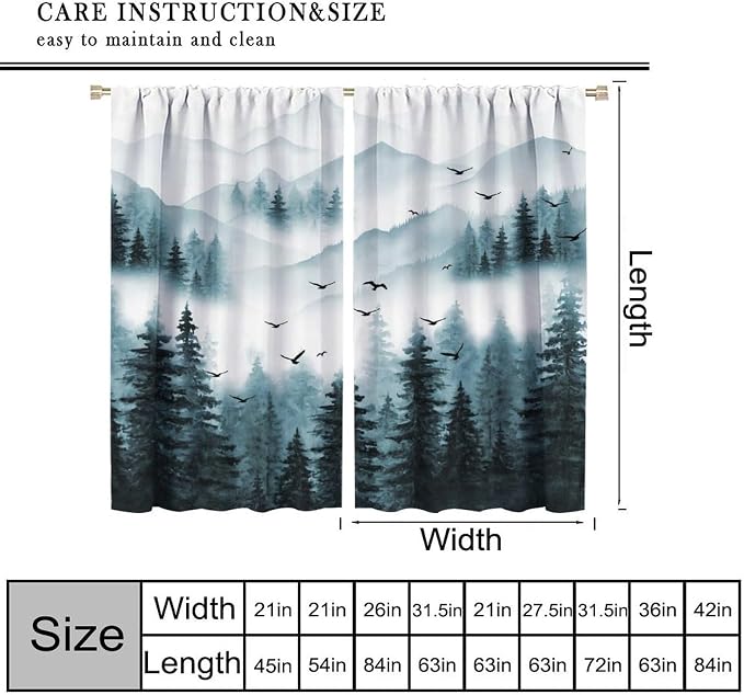 Forest Blackout Curtains for Kitchen Retro Natural Countryside Mist Blue Watercolor Mountain Forest Tree Theme Print Windows Treatments for Boys Girls Bedroom Living Room 52x84in