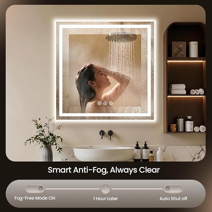 36X36 LED Bathroom Mirror with Lights, Anti-Fog, Backlit + Front Lit (CRI>90), Lighted Bathroom Vanity Mirror for Wall, Memory Function, Dimmable, Tempered Glass, Shatter-Proof