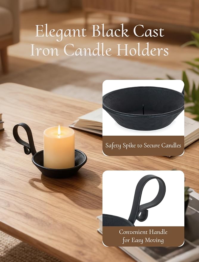 Iron Pillar Candle Holder: Vintage Black Candle Plate with Handle | Heavy Cast Iron, With Safety Spike for 3.3" Pillar, Gothic Decorative Stand for Halloween, Dining Table, Christmas, Set of 1