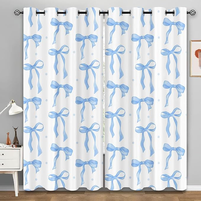 LUVIVIHOME Blue Bow Curtains, Cute Blackout Curtains for Girls Bedroom, Kids Room Decor, Aesthetic Girly Curtains, 2 Panel Sets, 52x63 Inch