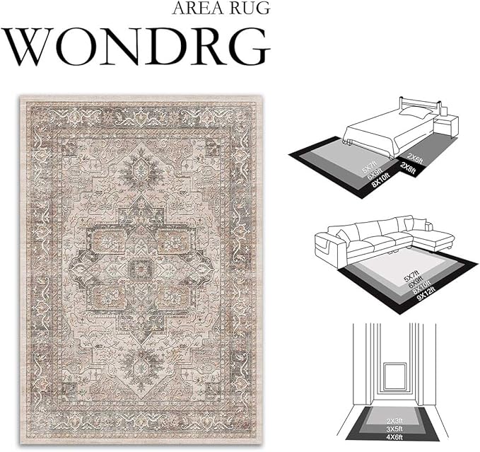 3x5 Washable Vintage Area Rug Brown Oriental Soft Entryway Throw Rug Neutral Non Slip Low Pile Small Carpet for Kitchen Bathroom Living Room Bedroom