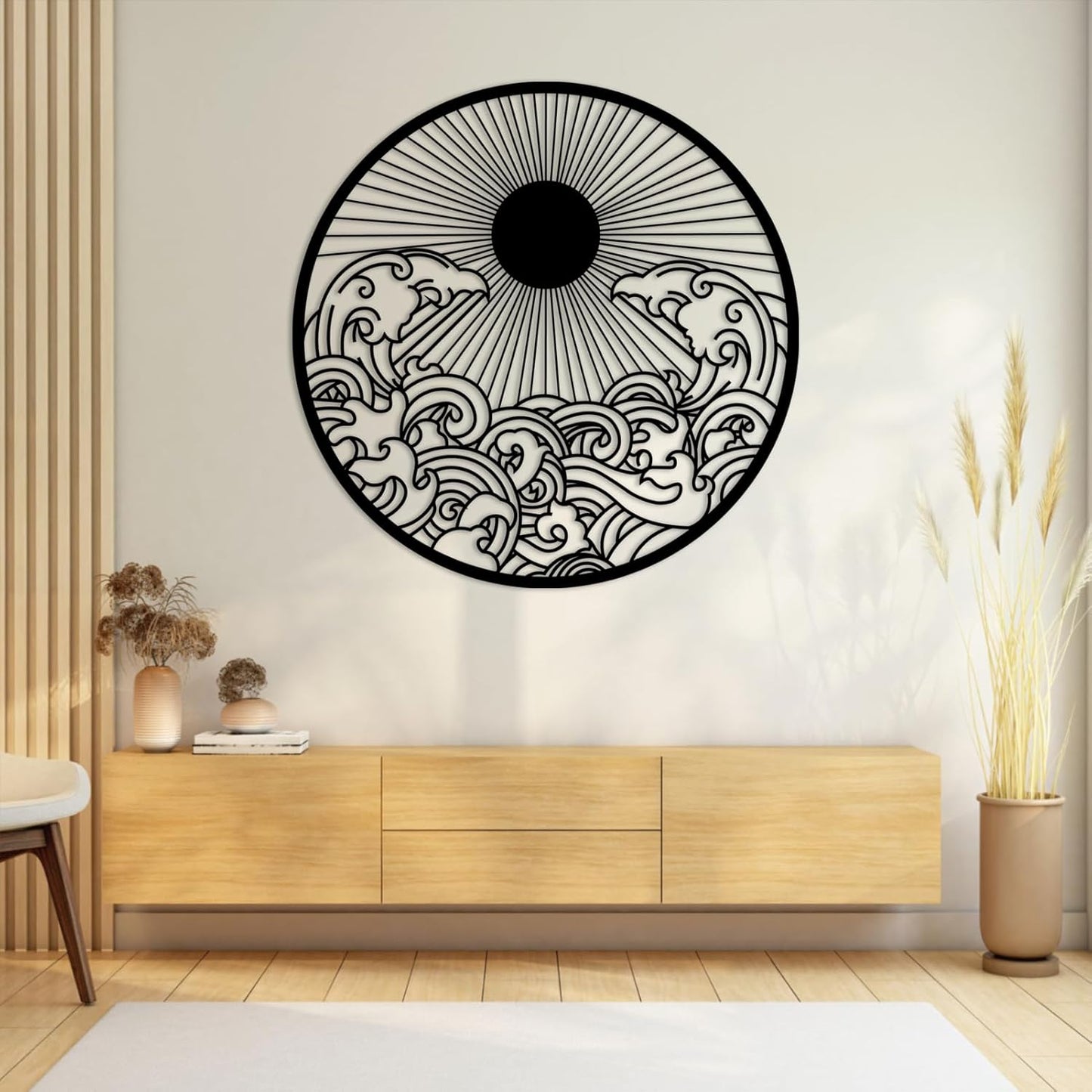 flyoak Metal Sun Wall Decor Outdoor, Sunrise Metal Wall Art, Metal Wave Wall Art, Sunrise and Wave Wall Decor, Sunburst Wall Art, Sunset Wall Art, Wall Hangings for Bedroom (Silver, 24x24in|60x60cm)