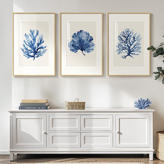 Framed Coastal Coral Watercolor Wall Art for Living Room, Large 3 Piece Navy Blue Coral Artwork for Walls, Minimalist Ocean Beach Marine Plants Pictures Prints for Bedroom Hallway Wall Decor, 20x30 In