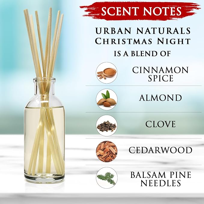 Urban Naturals Reed Diffuser Set, Christmas Night - Bathroom Shelf Décor | Cinnamon spice, Almond, Clove, Cedarwood, Fresh Balsam and Fir needle, Made in the USA