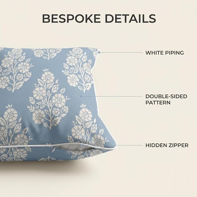 Jillien Harbor "The Hazel Bright Blue White Floral Pillow Cover Grandmillennial Home Decor Blockprint Pillow Cover 20" x 20"