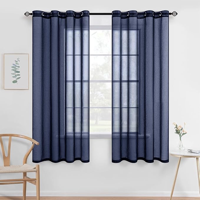 MIULEE 2 Panels Navy Dark Blue Sheer Window Curtains Elegant Grommet Top Window Voile Drapes/Treatment Linen Textured Panels for Bedroom Living Room (54X63 Inches)