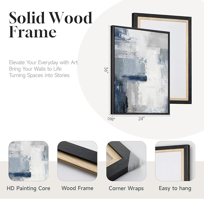 Large Framed Blue Gray Abstract Wall Art Set of 2, Modern Canvas Artwork for Living Room Walls, Minimalist Cool Tone Print Paintings for Bedroom Hallway Home Office Dining Room Wall Decor, 24x36 Inch
