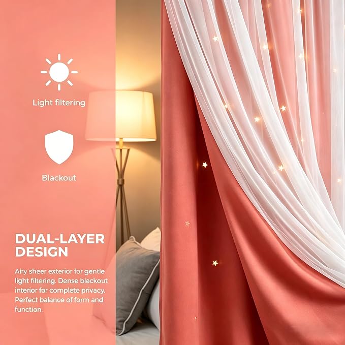 Princess Curtains for Girls Bedroom with Sheer Overlay,Double Layer Curtain for Living Room with Star Cutout, Curtains for Kids Room (70 W*84 L Inches,2 Pcs Coral)