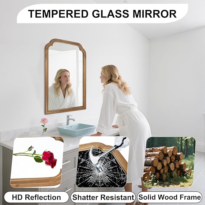 Wood Bathroom Mirror for Wall, 30 x 20 Inch Decorative Wall Mirror with Rustic Wooden Frame for Living Room, Vanity, Bedroom, Entryway, Farmhouse