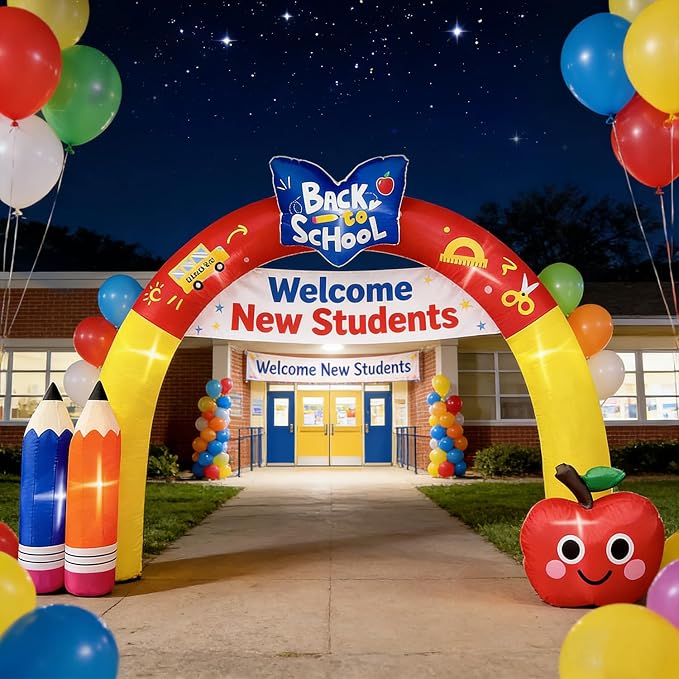 DomKom 10FT Back to School Inflatable Arch – Featuring Open Book, Colorful Pencils & Apple Decor, Ideal for 2026 First Day of School & Kindergarten Graduation, Blow-up Archway for Yard Decor