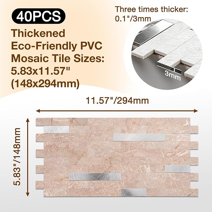 Peel and Stick Backsplash Tile Waterproof Removable PVC Wall Sticker 3D Faux Stone Marble Brick White Accent Panels (Pink Marble - Metal Silver, 40 Tiles - 18 sq. ft. (1.68 m²)
