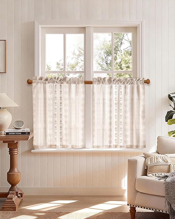 Miss Adola Farmhouse Kitchen Tier Curtains - 30 Inch Length Linen Blend Boho Cafe Curtains Striped Beige Small Window Treatments Over Sink Rod Pocket for Bathroom Living Room Light Filtering, 2 Panels