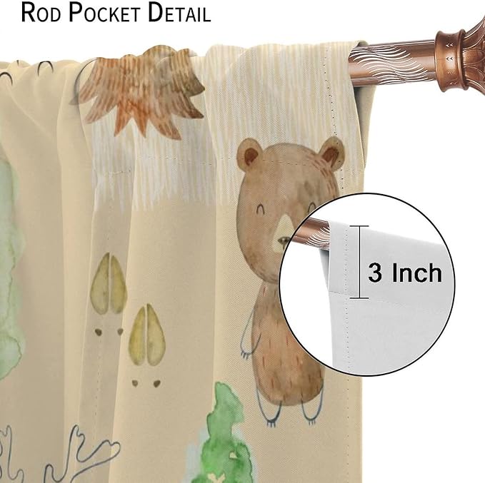 Rustic Animal Curtains, Wild Forest Animal Bear Fox Deer Kids Window Treatments for Living Room Bedroom, Farmhouse Woodland Blackout Drapes 2 Panel Sets, 52x84 Inch
