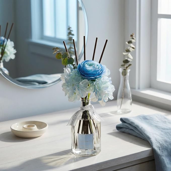 COCORRÍNA Reed Diffuser - Mint & Eucalyptus 8.5 Fl.oz Flower Reed Diffuser with Sticks, Bedroom Bathroom Shelf Decor (Floral Basket Collection)