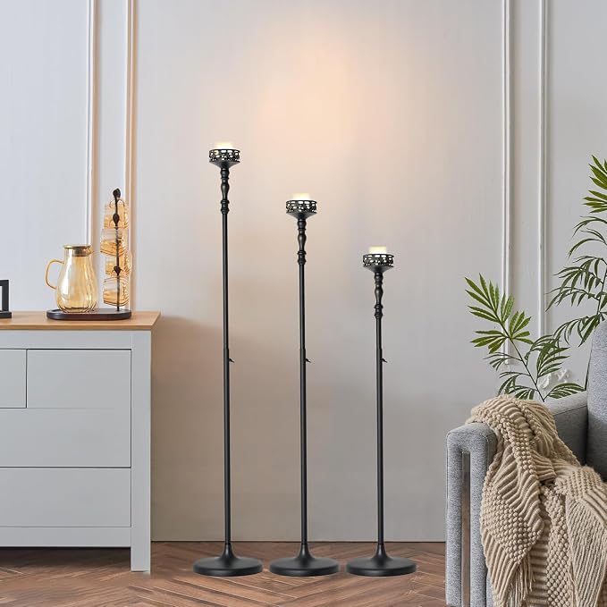 3Pcs Matte Black Floor Candle Holders Centerpieces for Pillar Candles | Adjustable Height,Halloween Metal Candlestick Set,Wedding Party Home Ceremony Mantel Fireplace Decorations