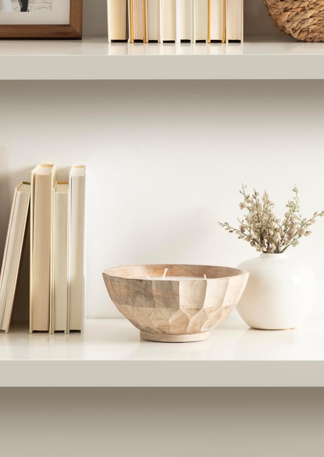 Kate and Laurel Plete Round Pleated Wood Candle Bowl, 8 Inch Diameter, Light Natural, Modern Scalloped Three-Wick Unscented Candle with Decorative Bowl for Living Room Decor