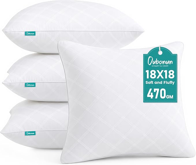 Oubonun 18 x 18 Inches Pack of 4 Throw Pillows Inserts, White Square Cushion Inner Soft Fluffy Plump Stuffer Pillows Inserts for Sofa Bed Couch